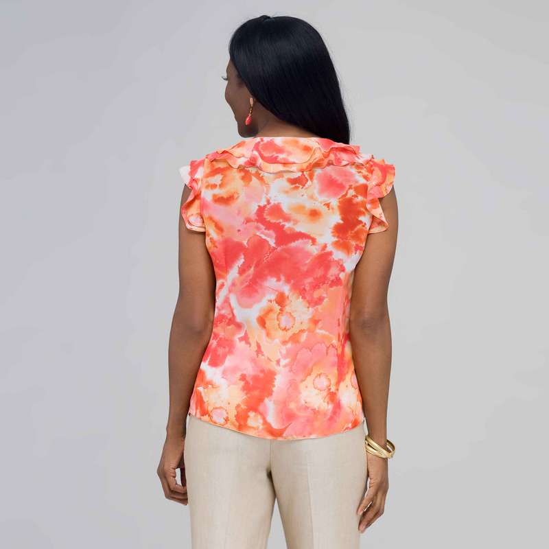 ラッフルネックラインボタンダウンブラウス, ニューコーラルマルチ, large image number 1