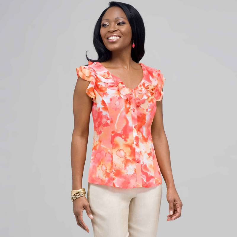 ラッフルネックラインボタンダウンブラウス, ニューコーラルマルチ, large image number 0